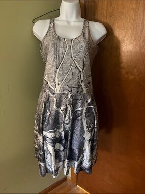 Sleeveless Black & White Tree-Print A-Line Dress